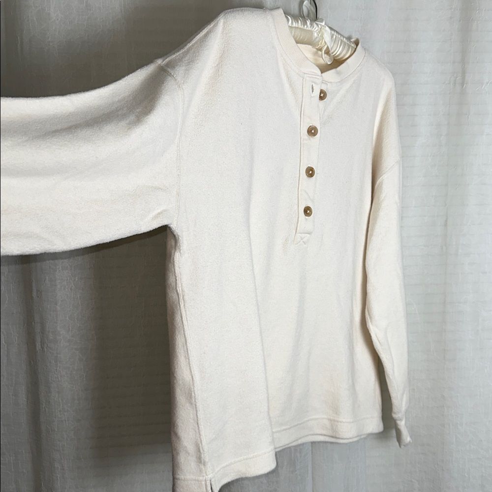 aerie Neutral Ivory Quarter Button Cotton Sherpa Henley Sweatshirt - Picture 13 of 17